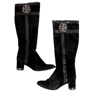 Tory Burch Sabina black suede tall knee high logo heeled boots 7.5